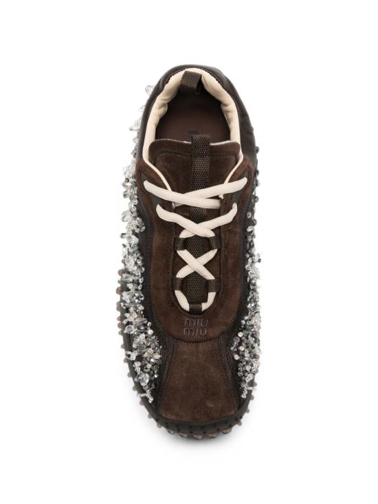 26FW 미우미우 버블 자수 장식 테크니컬 패브릭 및 스웨이드 스니커즈 5E808E 3ZR4F0003 BROWN - MIU MIU