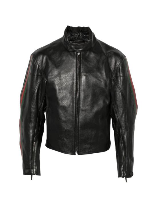 26FW 구찌 웹 디테일 레더 바이커 자켓 874158XNBDW1060 Black