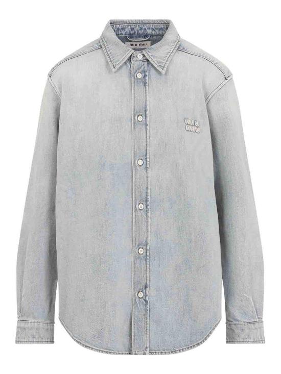 26FW 미우미우 로고 자수 콘트라스트 스티칭 데님 셔츠 GWC145SOOO192VF0013 LIGHT BLUE