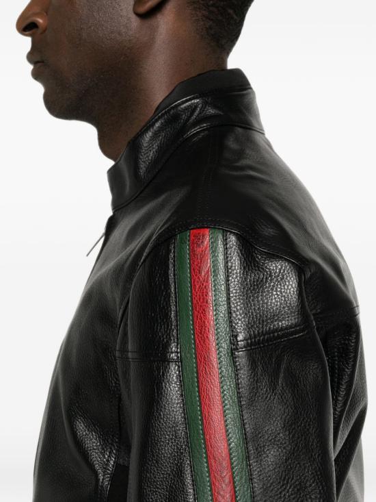 26FW 구찌 웹 디테일 레더 바이커 자켓 874158XNBDW1060 Black - GUCCI