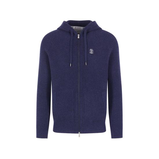 26FW 브루넬로 쿠치넬리 립드 니트 집 후드 스웨터 M22704806G CQX13 BLUE