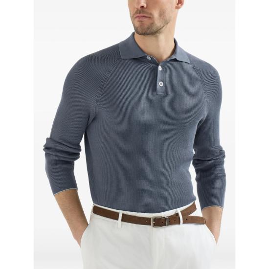 26FW 브루넬로 쿠치넬리 립 니트 폴로 셔츠 M29400105 CFF32 BLUE - BRUNELLO CUCINELLI