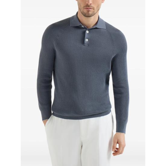 26FW 브루넬로 쿠치넬리 립 니트 폴로 셔츠 M29400105 CFF32 BLUE - BRUNELLO CUCINELLI