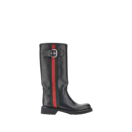 26FW 구찌 웹 디테일 레더 바이커 부츠 A00344AAGSL Black