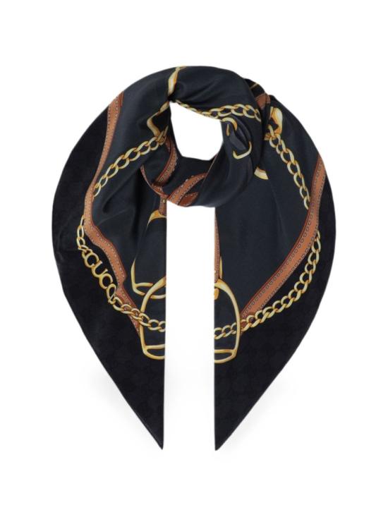 26FW 구찌 프린트 실크 크레이프 드 스카프 8742303G0051063 Black - GUCCI