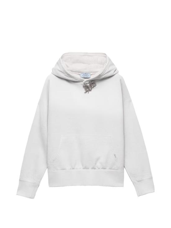 26FW 프라다 쥬얼 브로치 코튼 플리스 후드 1347346103SOOOF0AK9 Off white