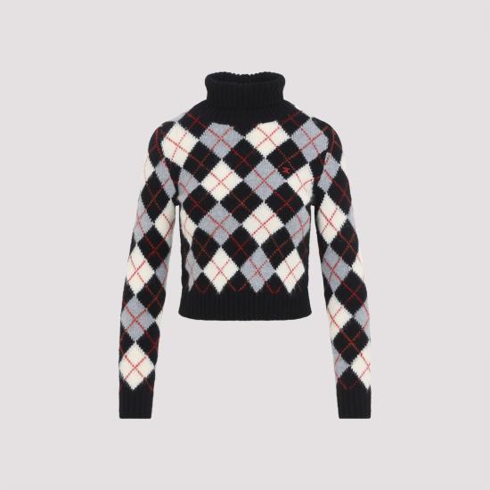 26FW 셀린느 터틀넥 아가일 울 스웨터 RY0M30V32 38WG BLACK WHITE GREY