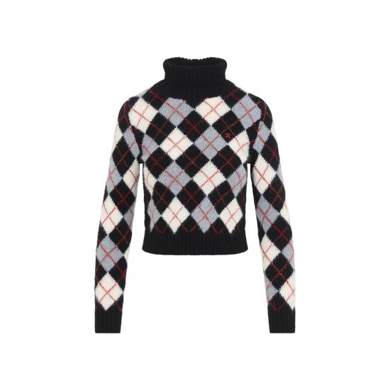 26FW 셀린느 터틀넥 아가일 울 스웨터 RY0M30V32 38WG BLACK WHITE GREY - CELINE