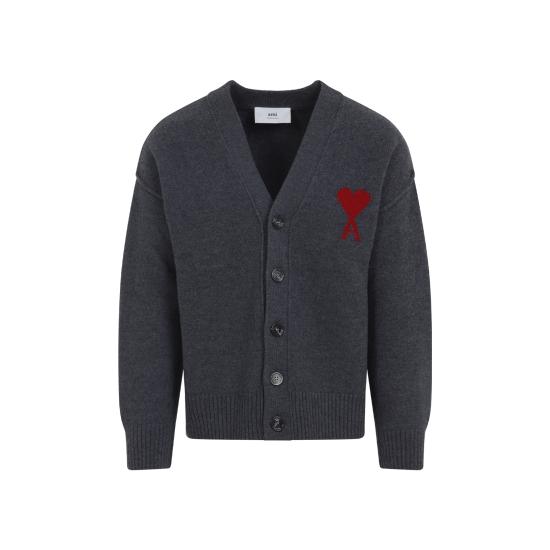 26FW 아미 하트 로고 인타르시아 V넥 가디건 UKC367 018 084 HEATHER GREY RED - AMI