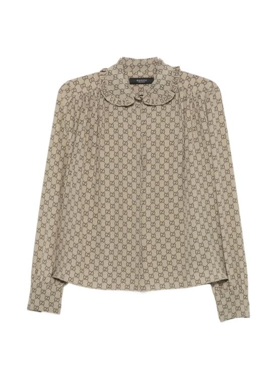 26FW 구찌 프린트 실크 크레이프 드 신 셔츠 A005Y5ZAVRI 2270 BEIGE