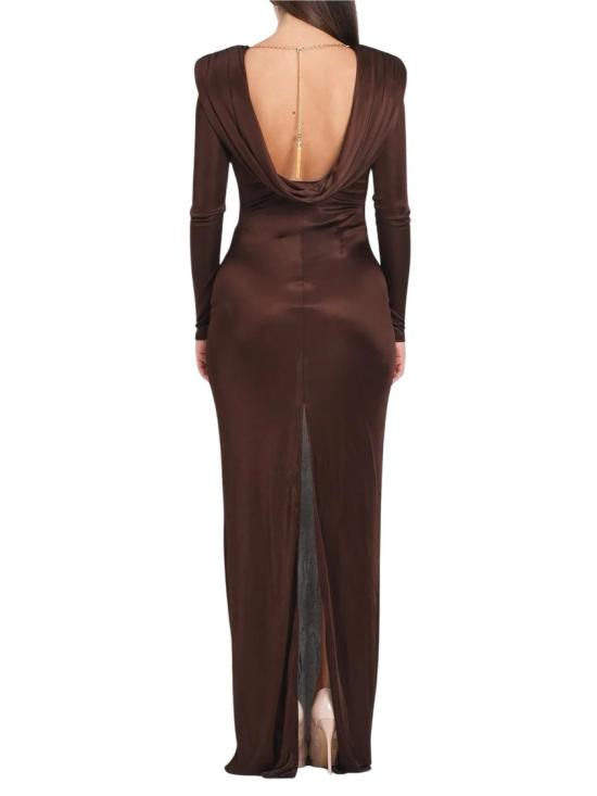 25FW 엘리자베타프랜치 원피스 드레이프 백 디테일이 돋보이는 유려한 브라운 롱 드레스 - ELISABETTA FRANCHI