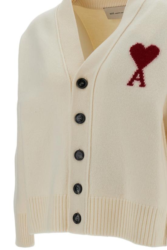 26FW 아미 하트 로고 인타르시아 V넥 가디건 UKC367018154 White - AMI