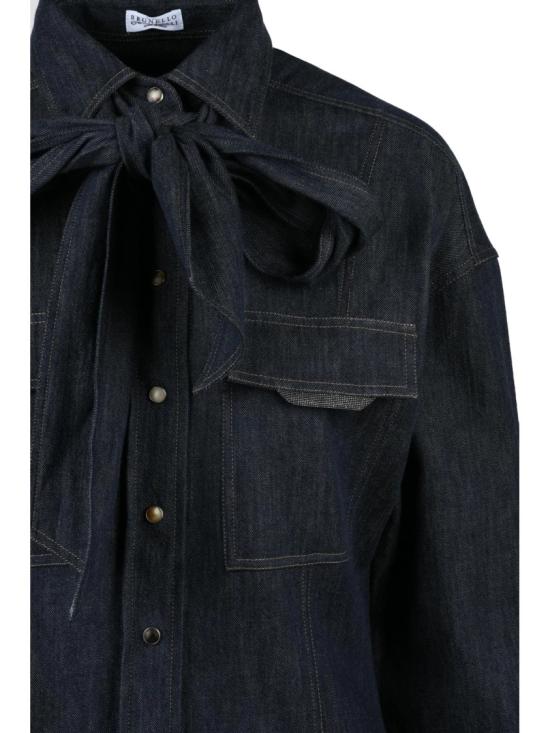 25FW 브루넬로 쿠치넬리 데님 보타이 디테일이 있는 슬림핏 다크  셔츠 - BRUNELLO CUCINELLI