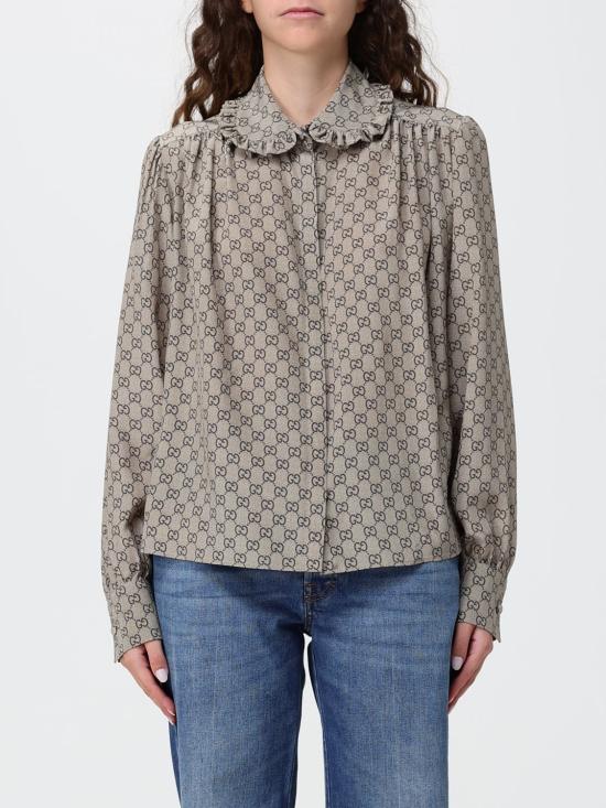26FW 구찌 프린트 실크 크레이프 드 신 셔츠 A005Y5ZAVRI 2270 Beige