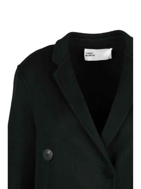 25FW 토리버치 코트 우아한 블랙 울 , 더블 브레스트 여밈과 미니멀한 디자인 - TORY BURCH