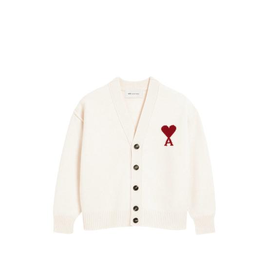 26SS 아미 하트 로고 인타르시아 V넥 가디건 UKC367 018 154 WHITE - AMI
