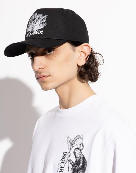  디스퀘어드2 모자 Dsquared2 Monkey Business 로고 베이스볼 캡 블랙 - DSQUARED2