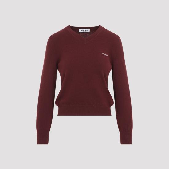 26FW 미우미우 인타르시아 로고 브이넥 울 가디건 MML08KSOOO 6600 F0399 AMARANTO - MIU MIU