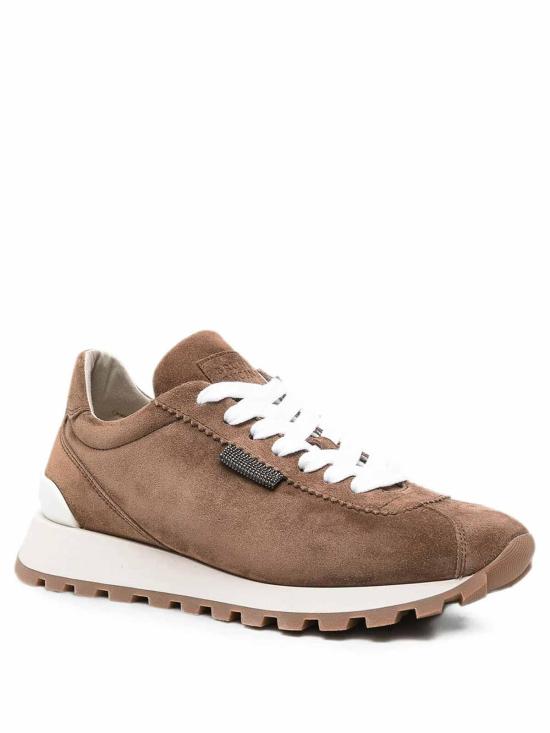 26FW 브루넬로 쿠치넬리 샤이니 탭 디테일 스웨이드 러닝 스니커즈 MZSFG2110C9773 BROWN - BRUNELLO CUCINELLI