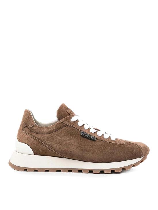 26FW 브루넬로 쿠치넬리 샤이니 탭 디테일 스웨이드 러닝 스니커즈 MZSFG2110C9773 BROWN