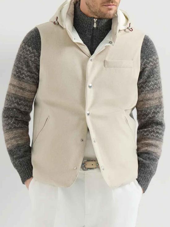 26FW 브루넬로 쿠치넬리 본디드 울 플란넬 디테처블 후드 다운 베스트 MM4701775CID NUDE NEUTRALS - BRUNELLO CUCINELLI