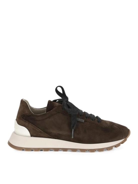 26FW 브루넬로 쿠치넬리 샤이니 탭 디테일 스웨이드 러닝 스니커즈 MZSFG2110C9885 BROWN