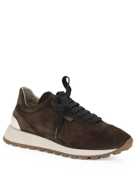 26FW 브루넬로 쿠치넬리 샤이니 탭 디테일 스웨이드 러닝 스니커즈 MZSFG2110C9885 BROWN - BRUNELLO CUCINELLI
