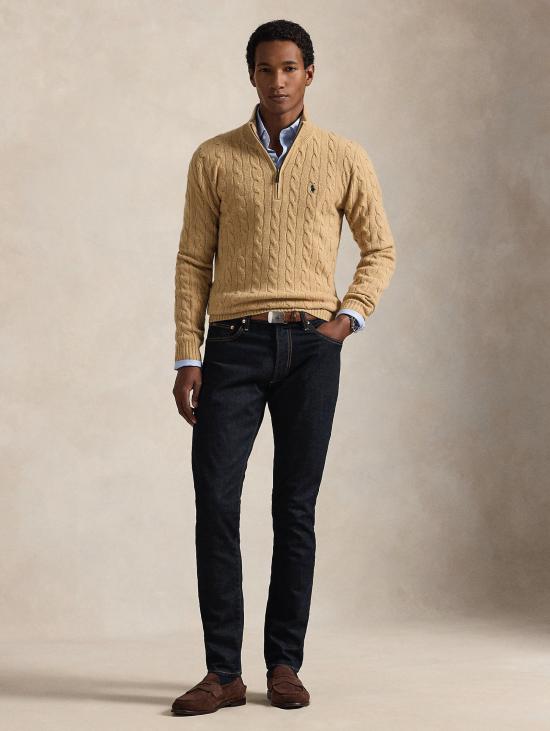 26FW 랄프 로렌 스웨터 Maglia Mezza Zip a Trecce Cammello - RALPH LAUREN