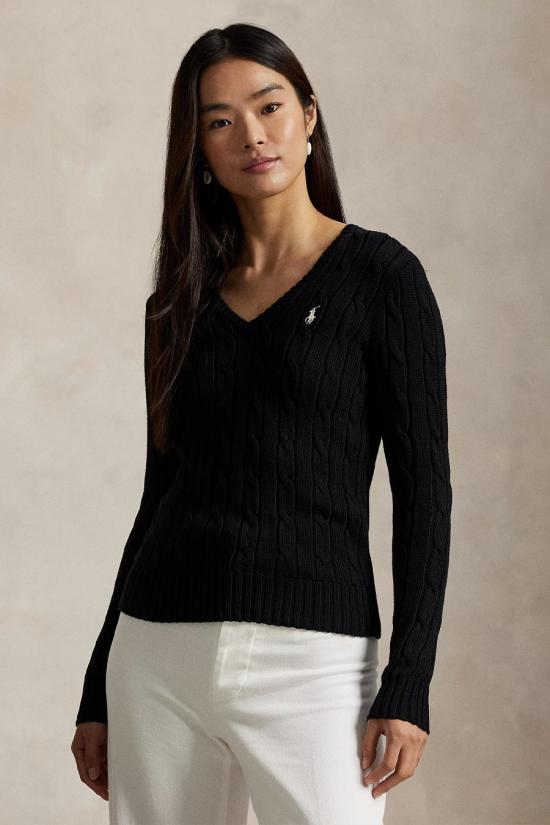 26SS 폴로 랄프로렌 포니로고 피마 코튼 케이블 니트 V넥 스웨터 211971870002 black - POLO RALPH LAUREN
