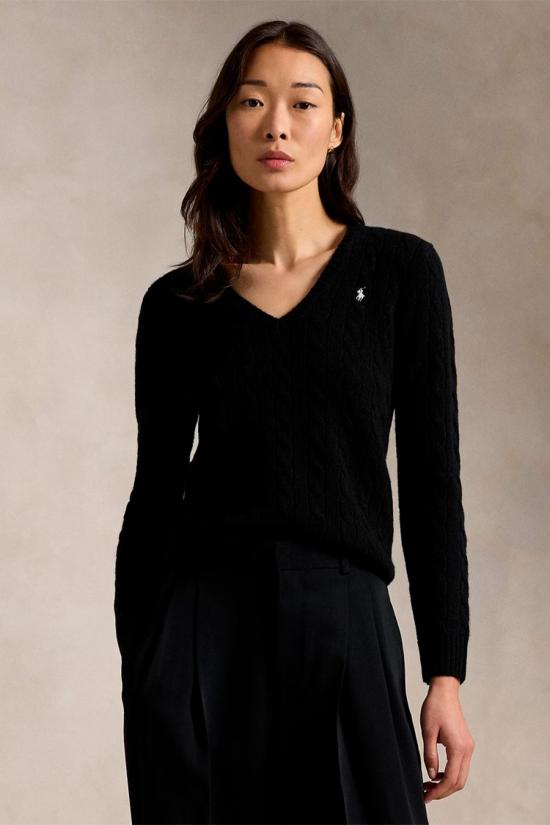 26FW 폴로 랄프로렌 포니 로고 자수 케이블 니트 v넥 스웨터 211971866005 black - POLO RALPH LAUREN