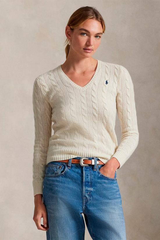 26FW 폴로 랄프로렌 포니 로고 자수 케이블 니트 v넥 스웨터 211971866001 Cream - POLO RALPH LAUREN