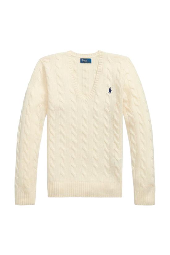 26FW 폴로 랄프로렌 포니 로고 자수 케이블 니트 v넥 스웨터 211971866001 Cream