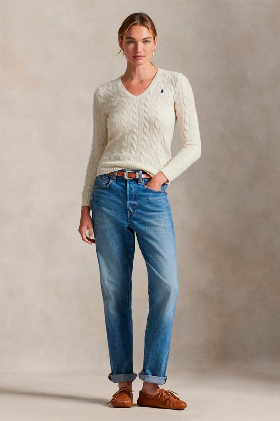 26FW 폴로 랄프로렌 포니 로고 자수 케이블 니트 v넥 스웨터 211971866001 Cream - POLO RALPH LAUREN