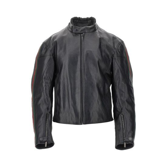 26FW 구찌 웹 디테일 레더 바이커 자켓 874158XNBDW Black