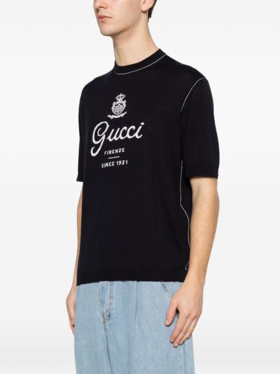 26SS 구찌 프린트 디테일 니트 실크 리넨 티셔츠 851828XKFC84041 Blue - GUCCI