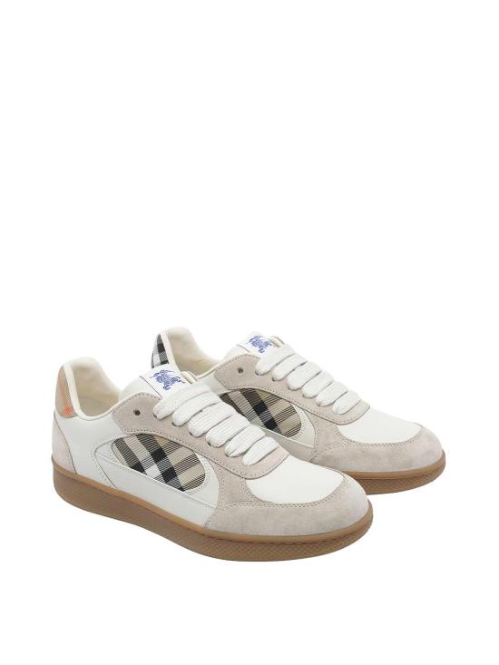 26FW 버버리 테라스 레더 앤 스웨이드 체크 스니커즈 8127510 DOVE BEIGE GREY SAND DOM - BURBERRY