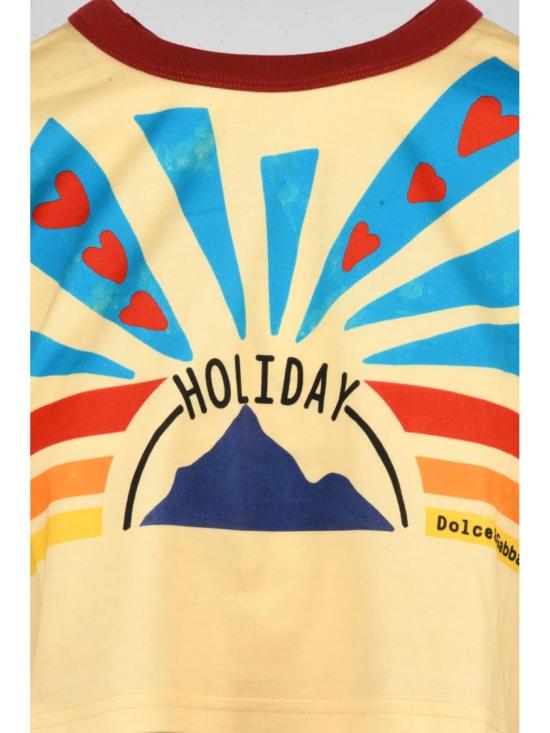 25FW 돌체앤가바나 탑 크림색 크롭 기장, 볼드한 그래픽 프린트 면 티셔츠 - DOLCE & GABBANA