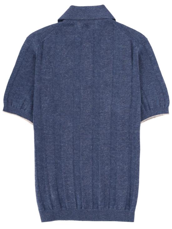  브루넬로 쿠치넬리 와이드 립 코튼 리넨니트 폴로셔츠 M2L707815 CYZ37 BLUE - BRUNELLO CUCINELLI