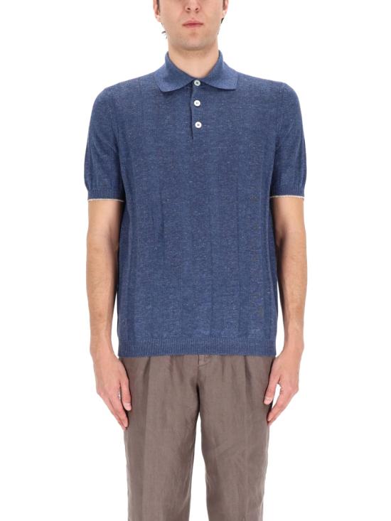  브루넬로 쿠치넬리 와이드 립 코튼 리넨니트 폴로셔츠 M2L707815 CYZ37 BLUE - BRUNELLO CUCINELLI