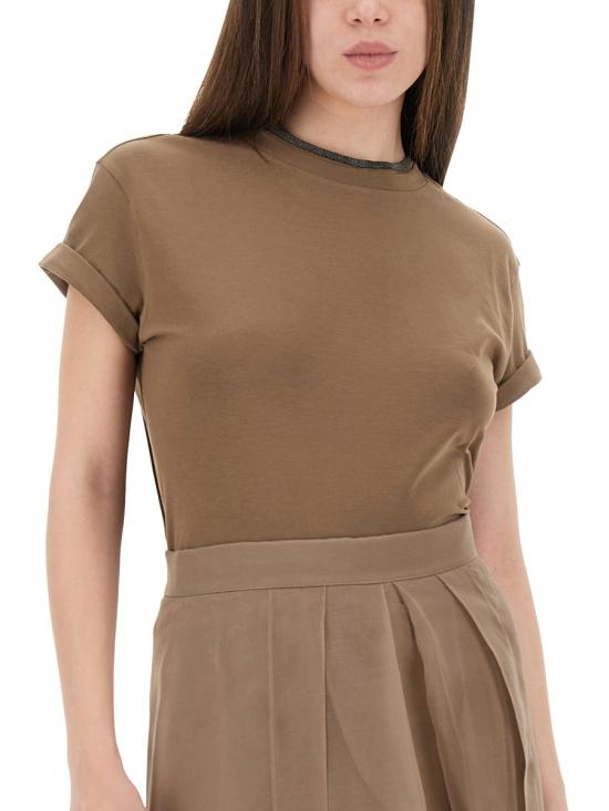  브루넬로 쿠치넬리 콘트라스트 트림 코튼 티셔츠 M0T18BD200 C8705 BROWN - BRUNELLO CUCINELLI