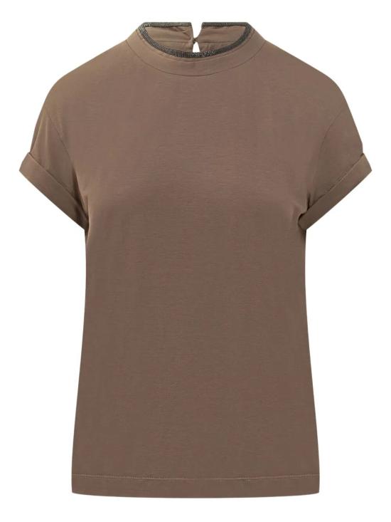  브루넬로 쿠치넬리 콘트라스트 트림 코튼 티셔츠 M0T18BD200 C8705 BROWN