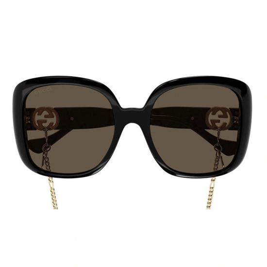  구찌 안경 GG1029 SA005 스퀘어 풀림 선글라스 (골드 체인 포함, 블랙 & 브라운) - GUCCI
