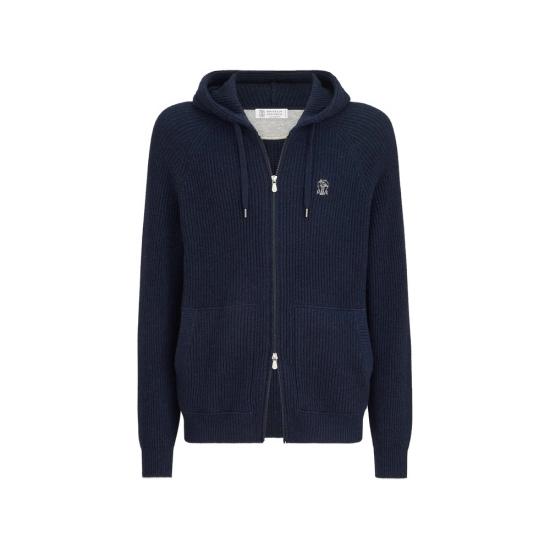 26FW 브루넬로 쿠치넬리 립드 니트 집 후드 스웨터 M22704806G CQX13 BLUE
