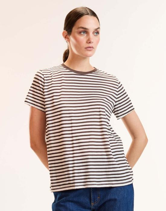  신시아 로리 반팔 티셔츠 신시아 로울리 릴렉스드 스트라이프 티셔츠 브라운/화이트 - CYNTHIA ROWLEY