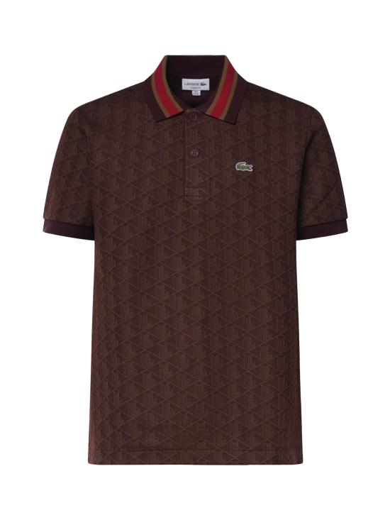 26FW 라코스테 스트라이프 칼라 모노그램 자카드 폴로 티셔츠 DH1417 WD9 BROWN
