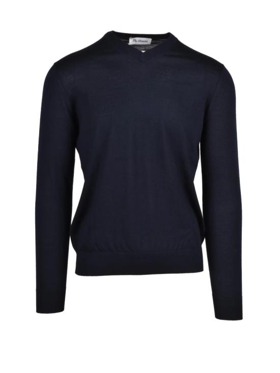 25FW Blu Homme 니트웨어 네이비 블루 엑스트라파인 메리노 울 브이넥 풀오버