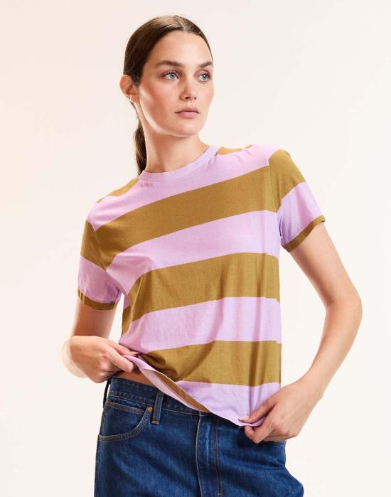  신시아 로리 반팔 티셔츠 신시아 로울리 스트라이프 티셔츠 올리브 그린/라벤더 - CYNTHIA ROWLEY