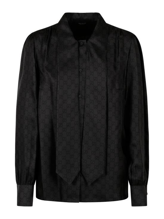 26FW 구찌 보우 디테일 프린트 실크 트윌 셔츠 860513 ZAUUN1120 BLACK GREY MC - GUCCI
