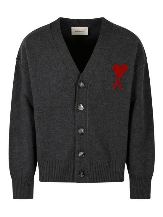 26FW 아미 하트 로고 인타르시아 V넥 가디건 UKC367 018084 GRIS CHINE ROUGE - AMI
