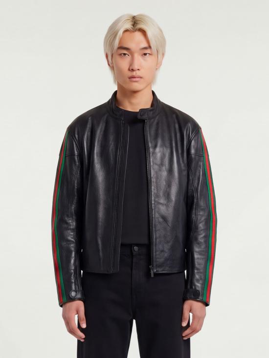 26FW 구찌 WEB 디테일 레더 바이커 자켓 WEB 디테일 레더 바이커 자켓 874158 BLACK